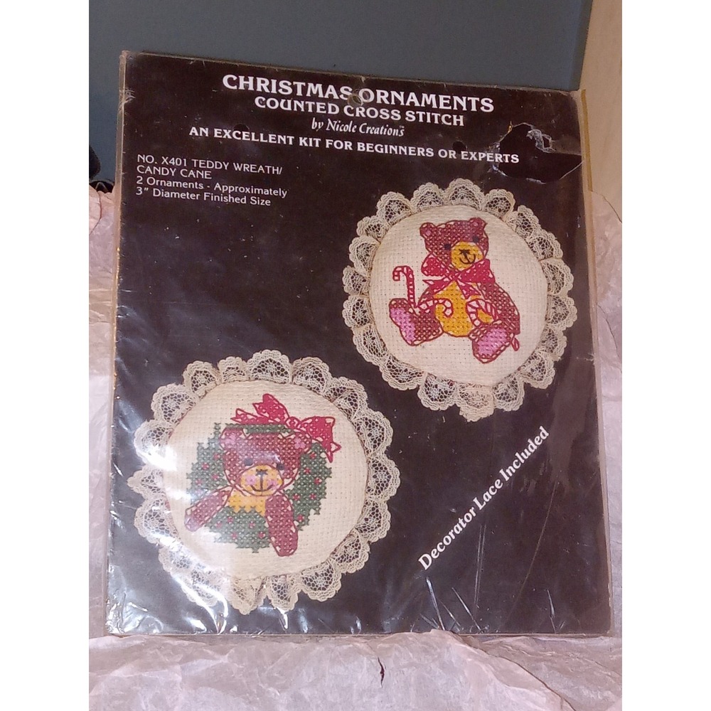 Counted Cross Stitch Christmas Ornaments Kit Nicole Creations Doily Teddy Bear